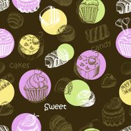 Seamless pattern with sweet cakes and candy on a dark