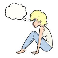 cartoon woman sitting with thought bubble N21