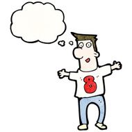 cartoon man with thought bubble wearting numbered shirt N6