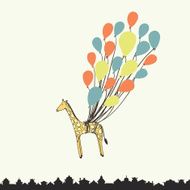 Cute hand drawn giraffe flying on the balloons