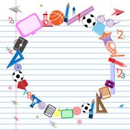 Pattern book with colorful school icons on background N3