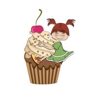 birthday card with funny girl perched on cupcake N18