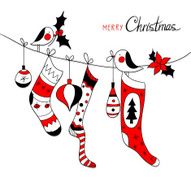 Doodle textured Christmas birds baubles and socks background