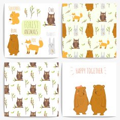 Set of four vector cards with forest animals