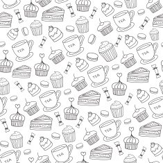 Doodle vector Bakery Cakes and dessert tea seamless pattern