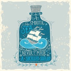 Hand drawn vintage label with a ship in bottle