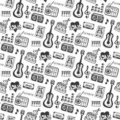 Music seamless pattern with doodle musical instruments and sound elements