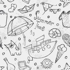 Seamless texture of summer vector hand drawn doodles Black cont