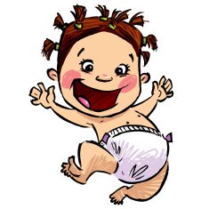 Cartoon baby girl with diapers and funny hair jumping high N2