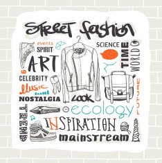 Vector set street fashion jacket shoes bag text