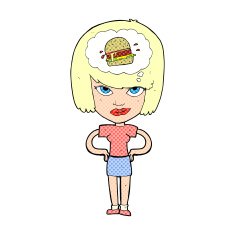 cartoon woman thinking about junk food N4