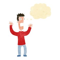cartoon terrified man with thought bubble N250