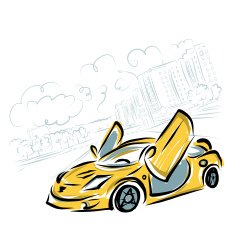 Yellow sport car on city background for your design