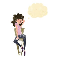 cartoon woman posing on chair with thought bubble N22