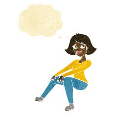 cartoon happy woman sitting with thought bubble N19