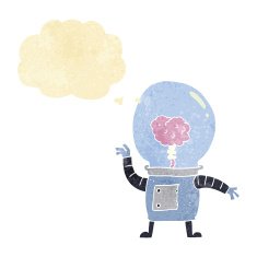 cartoon robot cyborg with thought bubble N10