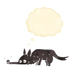 cartoon dog sniffing floor with thought bubble N5