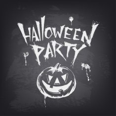 Halloween text design with pumpkin on chalkboard