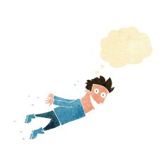 cartoon drenched man flying with thought bubble N9