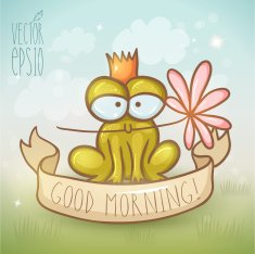 Card template with vintage ribbon and frog holding flower N2