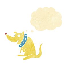 cartoon happy dog in big collar with thought bubble N10