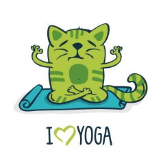 Green cartoon cat on mat in yoga position Vector illustration