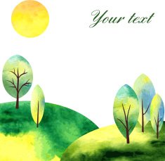 watercolor landscape witj tree and sun