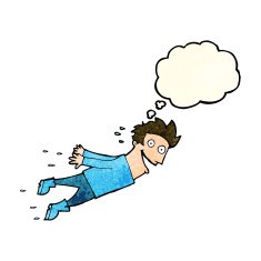 cartoon drenched man flying with thought bubble N10