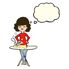 cartoon woman ironing with thought bubble N10
