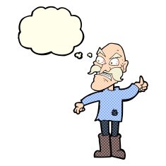 cartoon angry old man in patched clothing with thought bubble N11