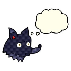 cartoon unhappy dog with thought bubble N4