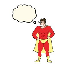 cartoon superhero with thought bubble N32