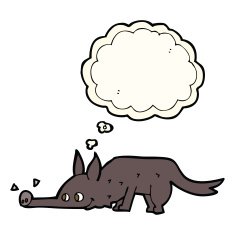 cartoon dog sniffing floor with thought bubble N6