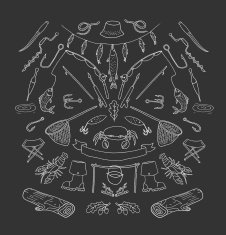 Fishing stuff in doodle style Hand drawn illustration Isolated