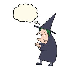 cartoon ugly old witch with thought bubble N9
