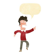 cartoon frightened man pointing with speech bubble N11