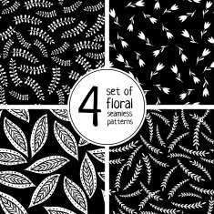 Set of 4 floral seamless patterns on black background