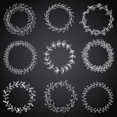 Hand-drawn vintage floral wreath set and design element