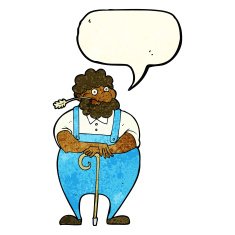 cartoon farmer leaning on walking stick with speech bubble N11