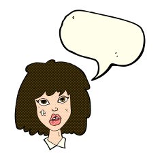 cartoon woman with bruised face speech bubble N11