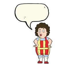 cartoon woman in kitchen apron with speech bubble N11