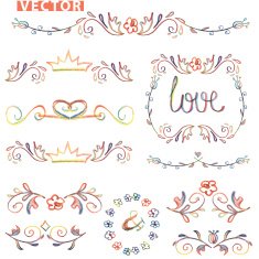 Doodle decor border set Colored watercolor pencil hand sketched