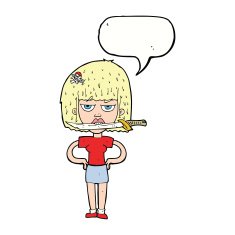 cartoon woman with knife between teeth speech bubble N47