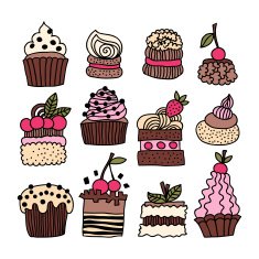 Set of hand drawn cakes desserts