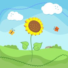 Country landscape with sunflowers and clouds
