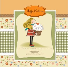 Happy Birthday card with girl and cup cake N21