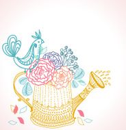 Floral background with watering can and bird N2