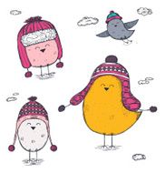 set of hand drawn birds wearing a winter hats