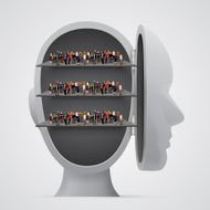 People crowd on shelves inside head