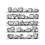 Ornate mugs on shelves sketch for your design N2